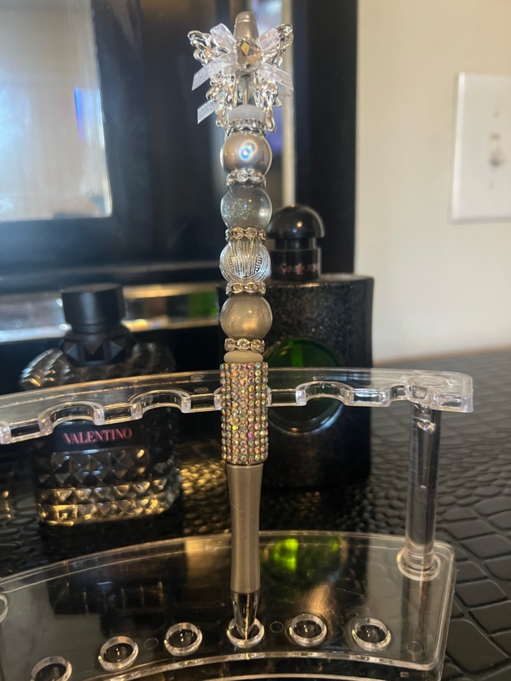 Crystal Beaded Decorative Pen - Silver and Iridescent
